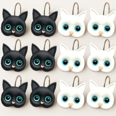 Imagem de Pacote com 12 ganchos de cortina de chuveiro de resina para gatos, lindos ganchos de cortina de banheiro preto e branco, anéis decorativos de cortina de chuveiro para crianças e amantes de gatos