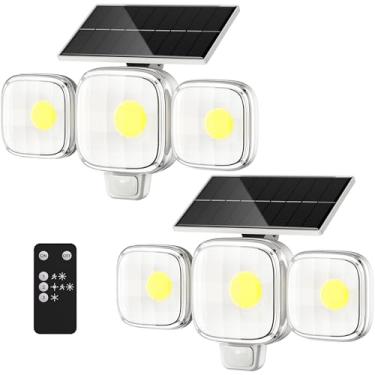 Imagem de CINOTON Luzes externas com sensor de movimento solar, holofote de segurança LED de 3 modos com controle remoto, IP65 à prova d'água, iluminação de parede externa alimentada por energia solar para