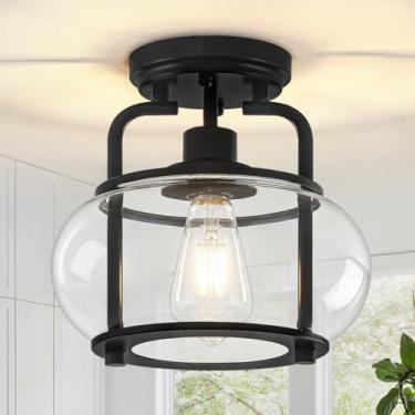 Imagem de TOULMJ Luminária de teto semiembutida, luminária de teto preta com sombra de vidro transparente, luminária Morden para sala de jantar, corredor, entrada, quarto, lavanderia