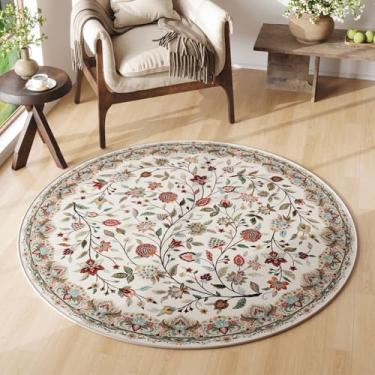 Imagem de Rugcomf Tapete redondo vintage Paisley 1,2 m – Tapete lavável na máquina, tapete floral antiderrapante para entrada, sala de estar, quarto, sala de jantar, crianças, banheiro, escritório - bege
