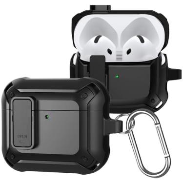 Imagem de CCSmall Capa para Apple Airpods 4th com chaveiro mosquetão, armadura protetora rígida militar com clipe de bloqueio capa para Airpods 4 DHF preta