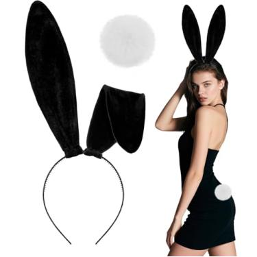 Imagem de eboozone Conjunto de tiara e cauda de coelho preto para mulheres adultas - acessórios de fantasia de coelho de veludo com orelhas de coelho dobráveis para Halloween, festas de cosplay