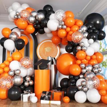 Imagem de Kit de arco de balão preto e laranja, 118 peças, prata, preto, branco, laranja, confetes e lantejoulas, conjunto de guirlandas de balão de látex para aniversário, formatura, celebração de Halloween