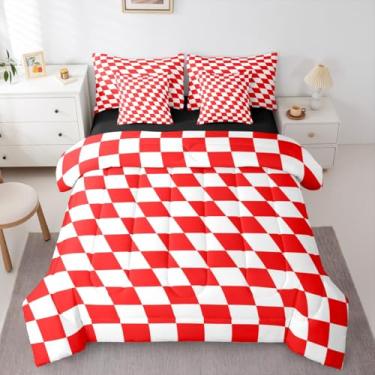 Imagem de Erosebridal Jogo de cama xadrez de 7 peças, tamanho casal, para crianças, meninos, meninas, vermelho, branco, xadrez, quadriculado, conjunto de edredom com lençol moderno geométrico abstrato
