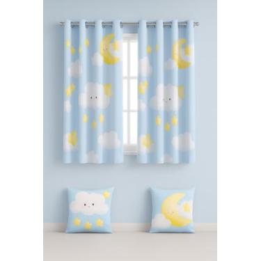 Imagem de Cortina Infantil com 2 Capas de Almofada, 2,00x1,50m, Poliéster Estampado, Decorativa, Quarto (CHUVA DE AMOR AZUL)