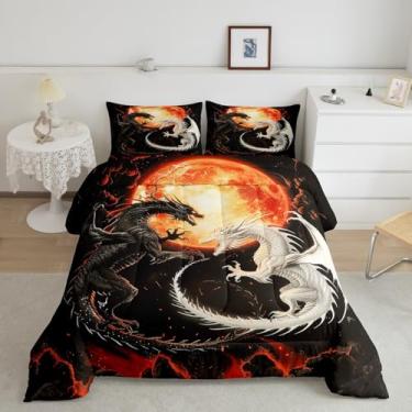 Imagem de Erosebridal Jogo de cama com dragão e rei ocidental, dragão preto e branco, para meninos e homens, estilo gótico, com enchimento de edredom e lua, decoração de quarto de gamer, 2 fronhas, leve