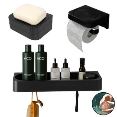 Imagem de Kit Banheiro 3pç Saboneteira + Papeleira + Porta Shampoo Com Adesivo Preto - Eleve Ou
