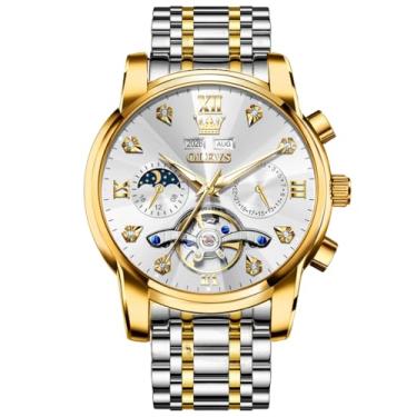 Imagem de OLEVS Relógio masculino cronógrafo analógico de quartzo para negócios, aço inoxidável, impermeável, multifuncional, fácil de ler, relógios masculinos em dois tons e branco