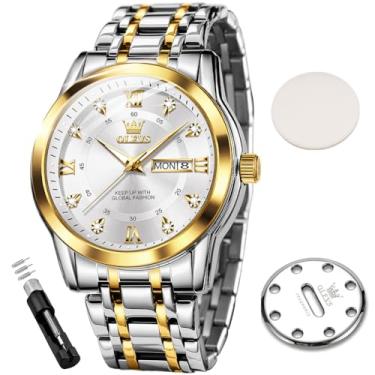 Imagem de OLEVS Novos relógios masculinos de perfume, diamante, luxuosos, para negócios, relógios de pulso de quartzo, aço inoxidável, à prova d'água, luminoso, data do dia, 5513XX: pulseira de dois tons e