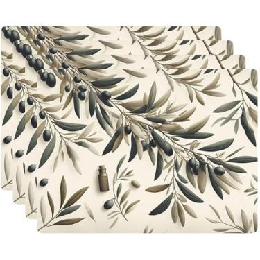 Imagem de Conjunto de 4 jogo americano com revestimento de cortiça, design de plantas, decoração de mesa de jantar e cozinha rígida, 30,5 x 40,6 cm (ramo de oliveira)