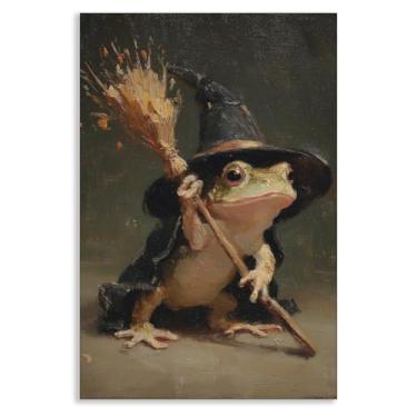Imagem de OAOPIC Arte de parede em tela bruxa de Halloween, sapo vintage em chapéu de bruxa com pôster de vassoura, decoração de parede gótica sombria extravagante Academia, pintura gótica assustadora de sapo