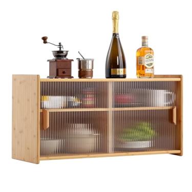 Imagem de Furlide Armários de cozinha de madeira, organizador de bancada de bambu pequeno, armário, armário de parede com 2 portas deslizantes de vidro, armário de armazenamento de despensa para cozinha, sala