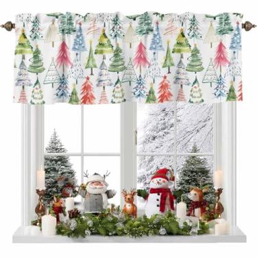 Imagem de Cortina colorida de árvore de Natal para janelas, aquarela, pintada, estilo vermelho, verde, azul, árvore de Natal, com bolso para varão, tratamento de janela, cortinas curtas para cozinha, banheiro