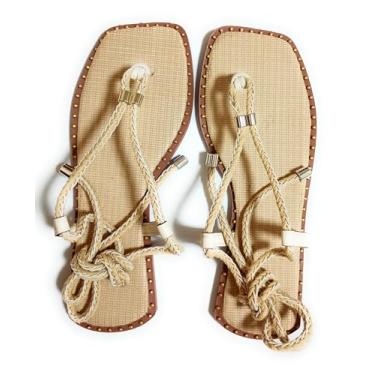 Imagem de Sandália Gladiadora Feminina, Tiras Trançadas Nude, Tachas Douradas, Tamanho 38