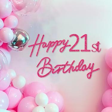 Imagem de TONIFUL Placa de feliz aniversário - Faixa de feltro ouro rosa com glitter - Inclui cola de bolinhas - Perfeito para cenário de festa de aniversário de 21 anos, decoração de parede de aniversário de