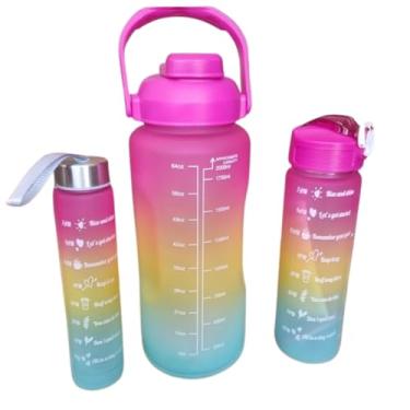 Imagem de Kit 3 Garrafas de Água Motivacionais com Frases e Medidor de Horário – Galão 300ml, 900ml e 2 Litros – Academia, Esporte, Fitness e Hidratação Diário – Cores Sortidas