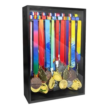 Imagem de MOCAS Estojo para exibição de medalhas, à prova de poeira, 56 x 38 cm, suporte de medalha de parede com 3 varões de pendurar e prateleira de troféu, comporta mais de 60 medalhas, vidro temperado HD