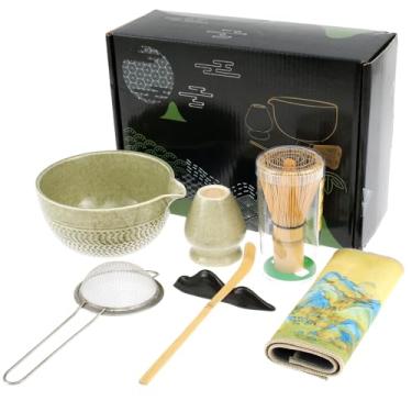 Imagem de HSHGZSR Conjunto de batedor matcha de 7/4 peças, kit matcha de 500 ml, tigela matcha de cerâmica, elegante conjunto de chá japonês matcha com suporte para batedor de bambu matcha peneira para chá