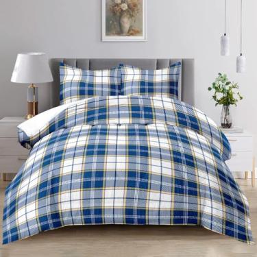 Imagem de Raphus cucullatus Conjunto de edredom queen xadrez azul, xadrez azul, lençol queen xadrez, colcha de fazenda, colcha ocidental, boêmio, decoração de quarto