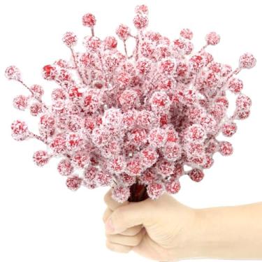 Imagem de 48 peças de hastes artificiais de azevinho de azevinho palitos de baga fosca de Natal ramos, bagas vermelhas nevadas, picaretas de cranberry fosco para decoração de árvore de Natal, artesanato faça
