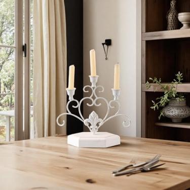 Imagem de SOFE Candelabro antigo de 3 velas, suporte de castiçal afunilado de 28 cm de altura, suporte de vela de candelabro branco, peça central de mesa rústica, suporte de vela de rolagem de ferro forjado