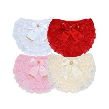 Imagem de Calcinha Tapa Fralda Bebê Kit 4 Peças com Laço e Renda Bordado Inglês Algodão Branca Rosa Champanhe e Vermelha (Branca, Rosa, Champanhe e Vermelha, M)