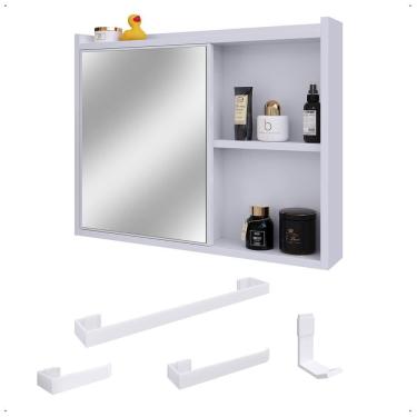 Imagem de Espelheira Armário de Banheiro 1 Porta Prateleira Espelho Kit Acessórios Lavabo 4 Peças Aço Inox Branco - RPM
