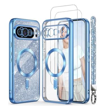 Imagem de DagoRoo Capa magnética para Google Pixel 10 Pro XL + 2 películas protetoras de tela, borda dourada banhada de luxo [cartão de glitter e alça de pulso] Capa fina e macia de TPU (poliuretano