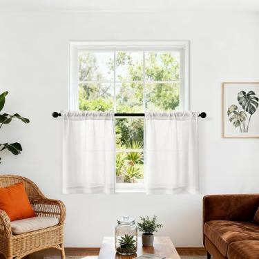 Imagem de Cortinas de cozinha semitransparentes para janelas pequenas cortinas de filtragem de luz 61 cm de comprimento creme Boho Farmhouse Rod Pocket Cortinas de café para porão banheiro janela tratamentos