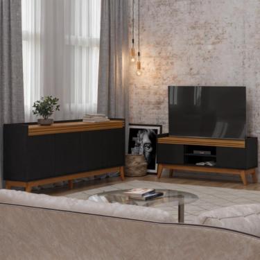 Imagem de Conjunto Sala de Estar Buffet 4 Portas e Rack para Tv até 50 Polegadas Ripado - ViaNossa