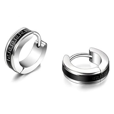 Imagem de Rockyu Brincos de argola masculinos prateados e pretos com algarismos romanos gravados em aço inoxidável hipoalergênico para cartilagem de ambas as orelhas, conjunto de titânio estilo europeu e