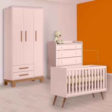 Imagem de Berço Mini Cama Cômoda Trocador e Guarda Roupa Slim Rosa - Qmovi