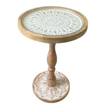 Imagem de Mesa lateral minimalista vintage esculpida redonda de vidro sofá lateral lazer café coluna romana (natural, pequena)