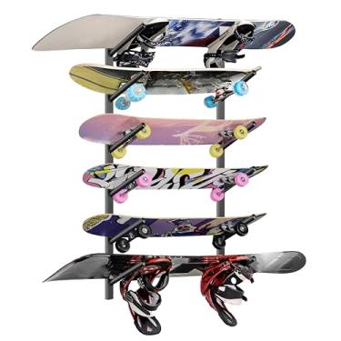 Imagem de DEYOFA Suporte de parede para skate – Suporte de parede para skate, suporte de parede para exibição de snowboard, suporte de esqui | Rack de armazenamento de skate de 6 andares e esqui e snowboard |