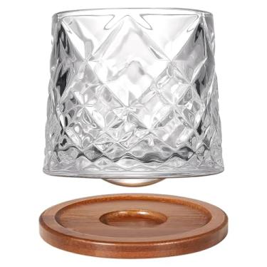 Imagem de Copo giratório de vidro antiquado, copo de uísque de cristal de 275 ml/283.5 g, porta-copos de madeira, espessamento, usado como copo de rum, copo de coquetel, café, leite para relaxar e reduzir o