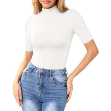 Imagem de Camiseta feminina MANGOPOP, simulada, gola de tartaruga, justa, branca