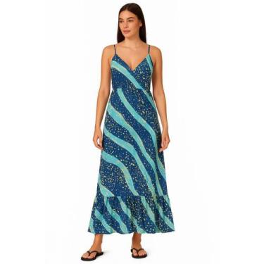 Imagem de Vestido Longo FMF Indiano Estampado Feminino Chic, Azul, G