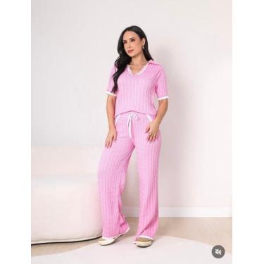 Imagem de Conjunto feminino calça pantalona manga curta gola marinheiro tricot m