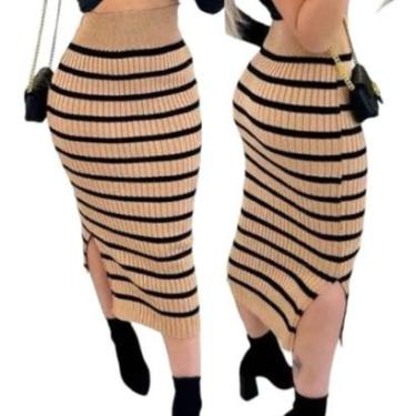 Imagem de Saia Midi Feminina Tricot com Listras Lançamento Moda Blogueira Varias Cores Tendência Moda-Feminino