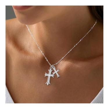 Imagem de Colar de cruz para mulheres, banhado a ouro, prata, colar com pingente de cruz dupla, pingente de diamante delicado, corrente de elos gargantilha, presentes, One Size, Latão, Sem Pedra Preciosa