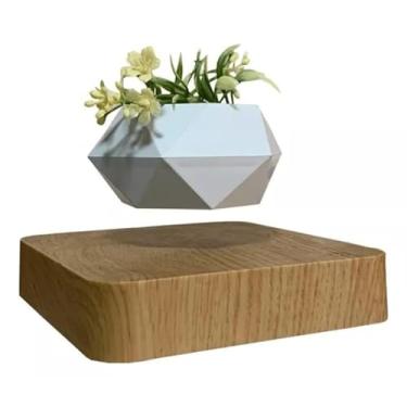 Imagem de Vaso Flutuante Magnético Premium, Base Quadrada em Madeira, Rotação 360°, 13.5x13.5x9.5cm, Decorativo para Casa e Escritório