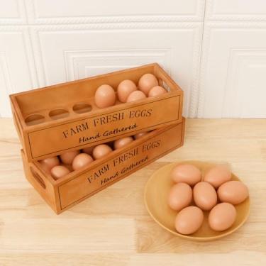 Imagem de DJAPWPX 2 caixas de madeira para ovos com alça, caixas de madeira empilháveis para 24 ovos frescos, caixa de armazenamento rústica para supermercado de Páscoa, loja de alimentos, utensílios de cozinha