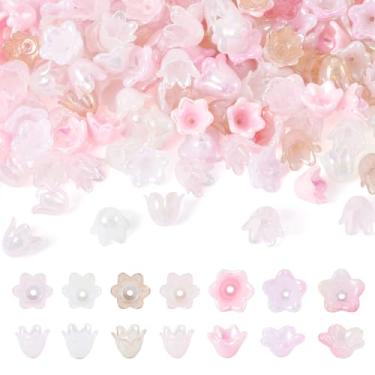 Imagem de Beadthoven 210 pçs 7 estilos acrílico flor contas bonés azul verde transparente trompete lírio sino tulipa contas de flores mini tampas florais capas espaçadores para fazer joias diy pulseira brincos