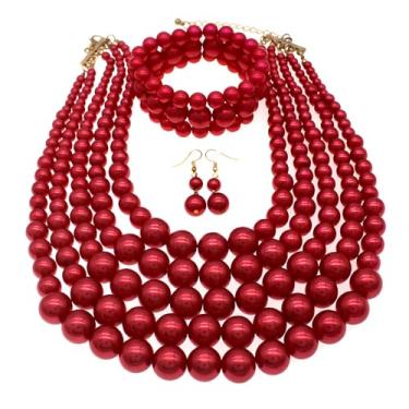 Imagem de Falso Big Pearl Srand Colares para Mulheres 5 Camadas Pérolas Gargantilha Colar Colar Pulseira e Brincos Conjunto 1920 Fantasia Pérola Joias Casamento, Adjustable, Zinco, Pérola sintética