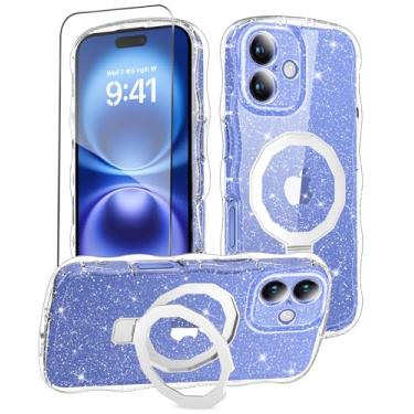 Imagem de MIODIK Capa para iPhone 16 Plus com protetor de tela, suporte integrado sem costura e proteção de câmera atualizada, [compatível com MagSafe] Capa de celular transparente com glitter para 16Plus