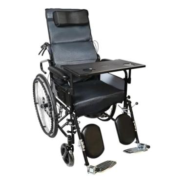 Imagem de Cadeira de Rodas Reclinável com Mesa de Alimentação, Apoio de Cabeça, Suporte para Panturrilhas, 45x40x50cm, Preta