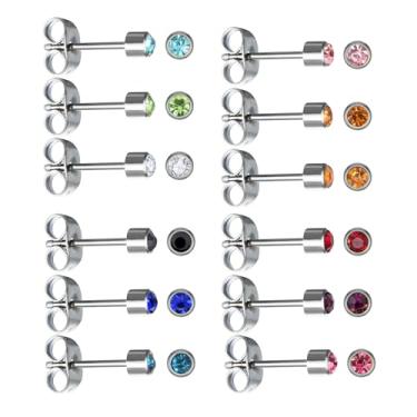Imagem de 12 pares de brincos de aço inoxidável cirúrgico banhado a ouro 18 K, zircônia cúbica, zircônia cúbica, conjunto de brincos de pedra do mês de nascimento multicolorido, 3mm, Aço inoxidável, Zircônia