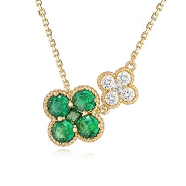 Imagem de MYEARS Colar de ouro feminino com pingente de flor lateral com elos duplos de trevo de quatro folhas, pedra do mês de nascimento de zircônia cúbica 14K, corrente delicada e simples, joia da sorte para