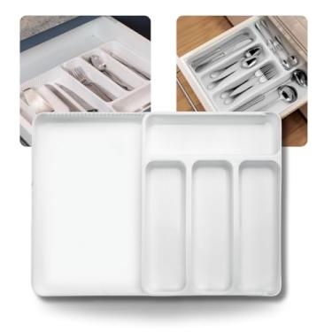 Imagem de Organizador de Talheres para Gaveta 5 Divisórias Branco | Bandeja de Talheres Plástica para Cozinha | Porta Talheres Multifuncional para Facas, Garfos e Colheres