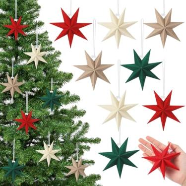 Imagem de VIHOSE 12 peças de enfeites de estrela de papel de Natal de veludo, 10 cm neutro flocado, enfeite de papel pendurado de 7 pontas para decoração de Natal para festa de árvore de Natal, janela de porta